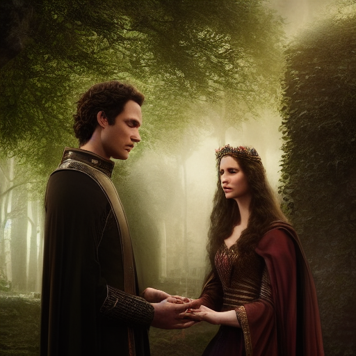 Lancelot and Guinevere, hand in hand, gently place the vial of love potion back into its resting place, their eyes reflecting a profound sense of trust and devotion, as they choose the purity of their love over any external influence.